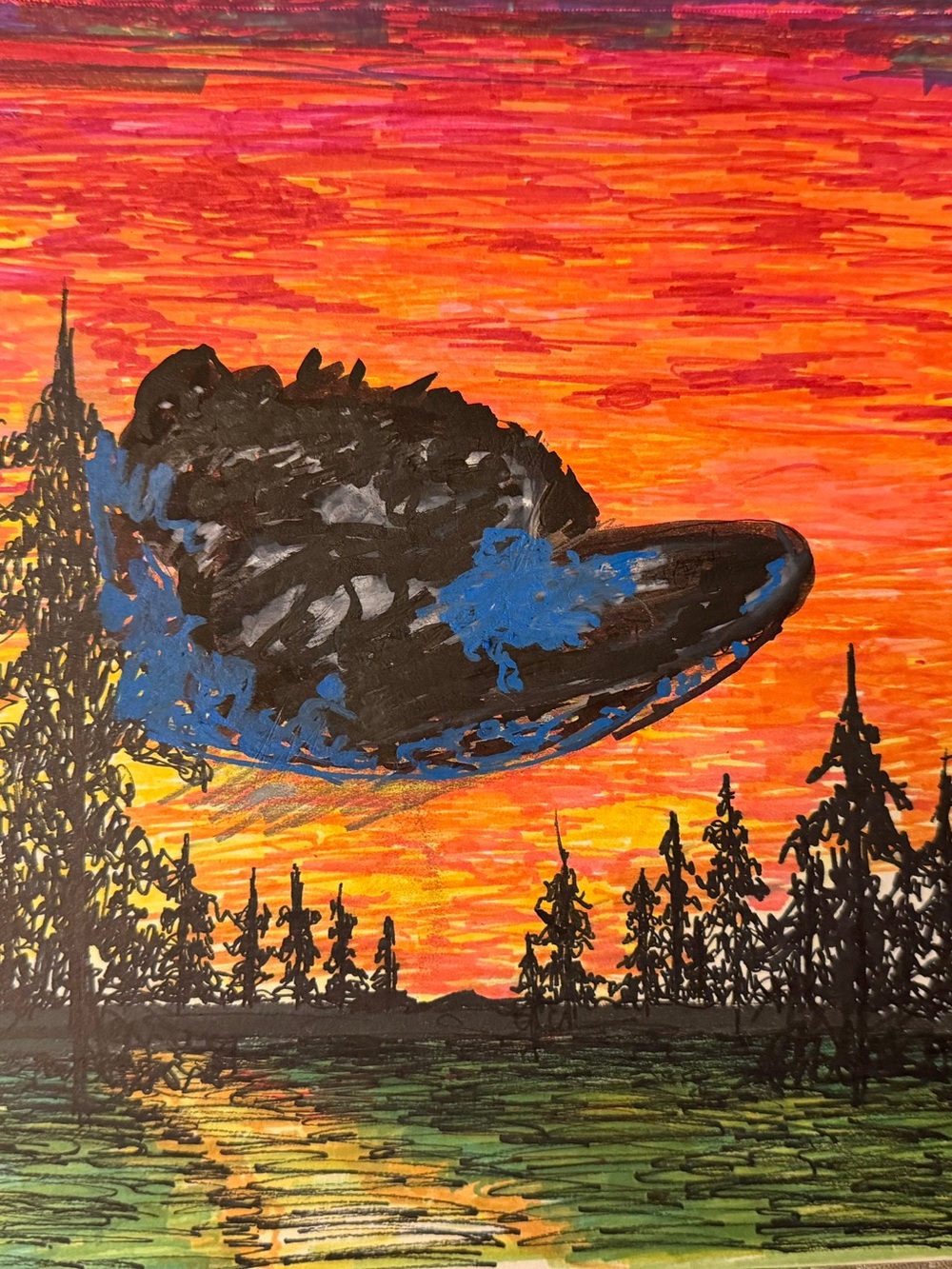 Hand Crafted Orange and Red Sunset with Black and Blue UFO